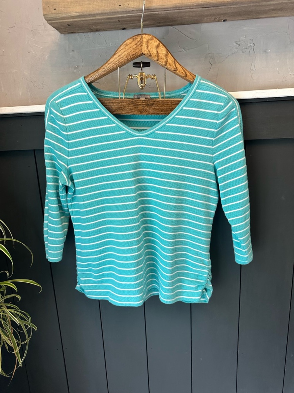T by Talbots Striped Knit Top 3/4 Sleeve in Aqua and White sz MP